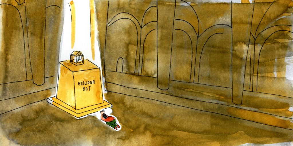 Kirche mit Schreiberling (auf Knien), der Suchmaschinen-Bot anbetet.